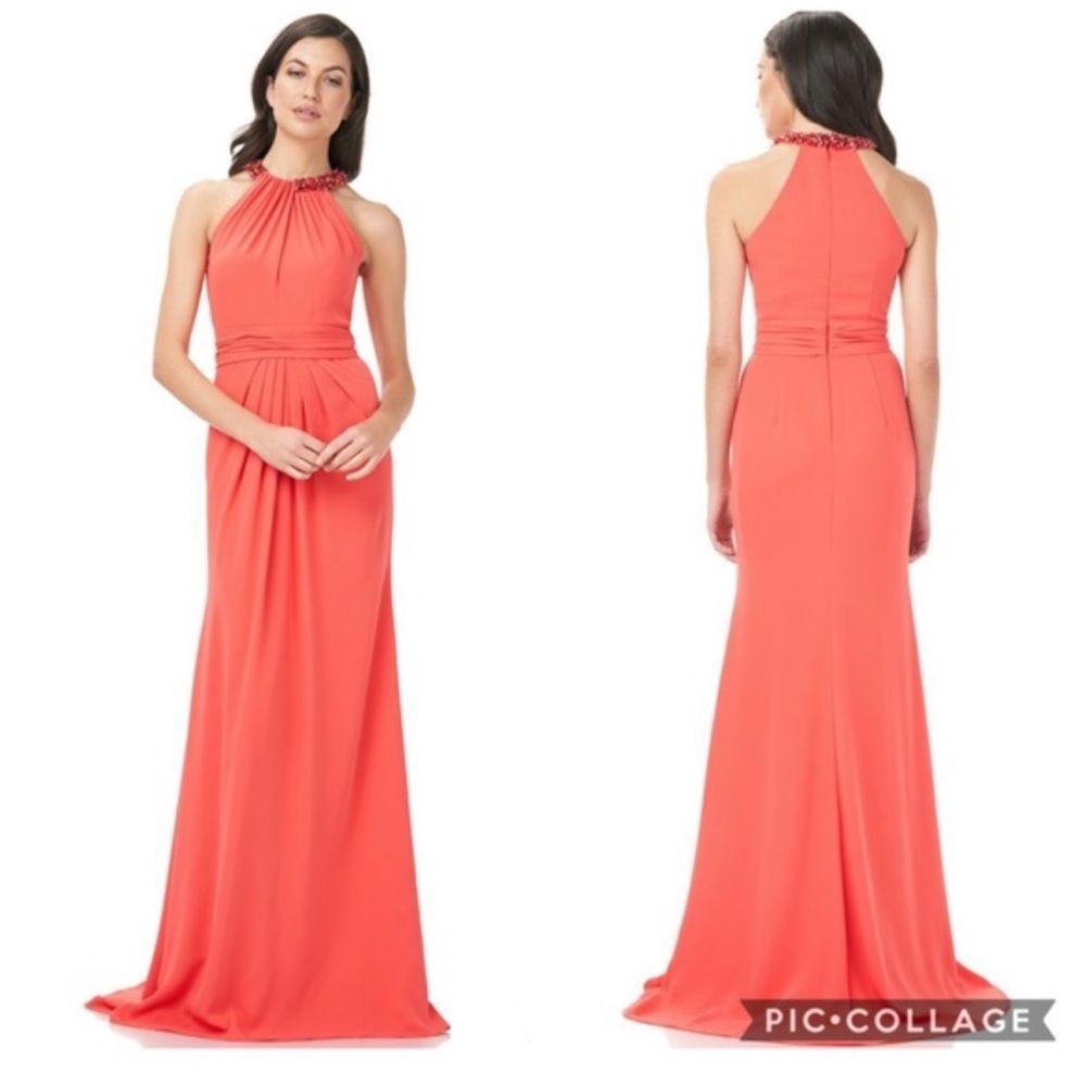Theia Embellished Halter Neck Zipper Back Solid Crepe Dress-CORAL